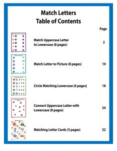 "Match Letters Table of Contents – Fun Alphabet Matching Worksheets for Kids, including uppercase to lowercase matching, letter to picture matching, and more."